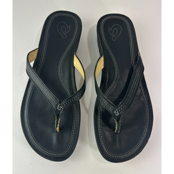 Olukai Ola Full Grain Leather Flip Flops Black Slides Women's Size 10 Sandals - Picture 13 of 14